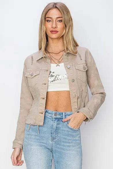 RISEN Full Size Raw Hem Button Up Cropped Denim Jacket Plus Size - Velveta Studio