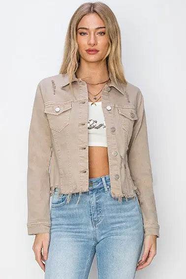 RISEN Full Size Raw Hem Button Up Cropped Denim Jacket Plus Size - Velveta Studio