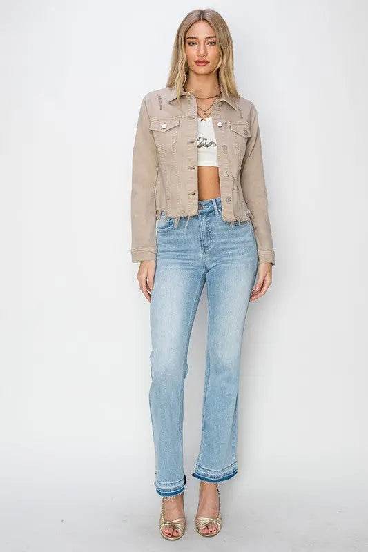RISEN Full Size Raw Hem Button Up Cropped Denim Jacket Plus Size - Velveta Studio