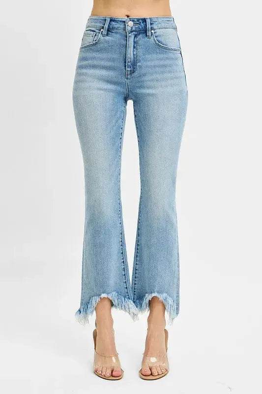 RISEN High Rise Crop Bootcut Fray Hem Jeans - Velveta Studio