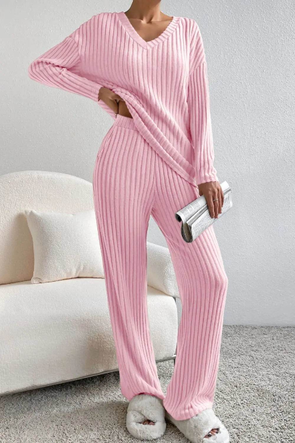 Ribbed V-Neck Top and Pants Lounge Set - Velveta Studio