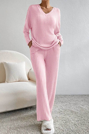 Ribbed V-Neck Top and Pants Lounge Set - Velveta Studio