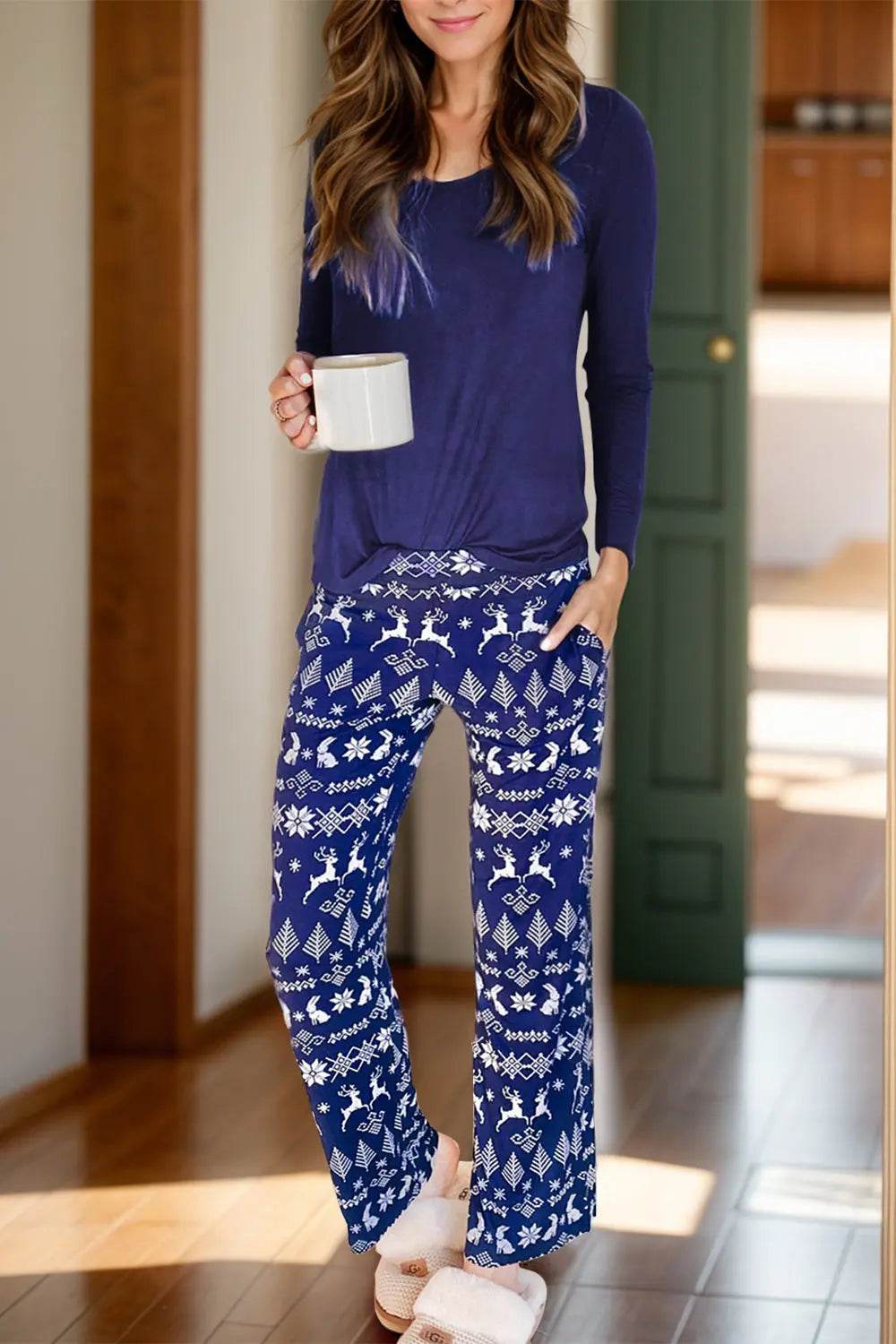Round Neck Long Sleeve Top and Printed Pants Lounge Set - Velveta Studio