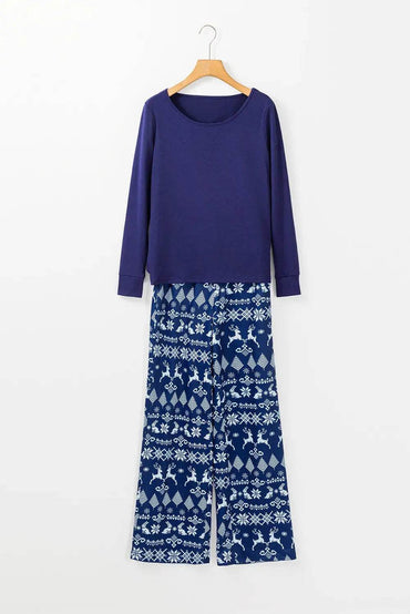 Round Neck Long Sleeve Top and Printed Pants Lounge Set - Velveta Studio
