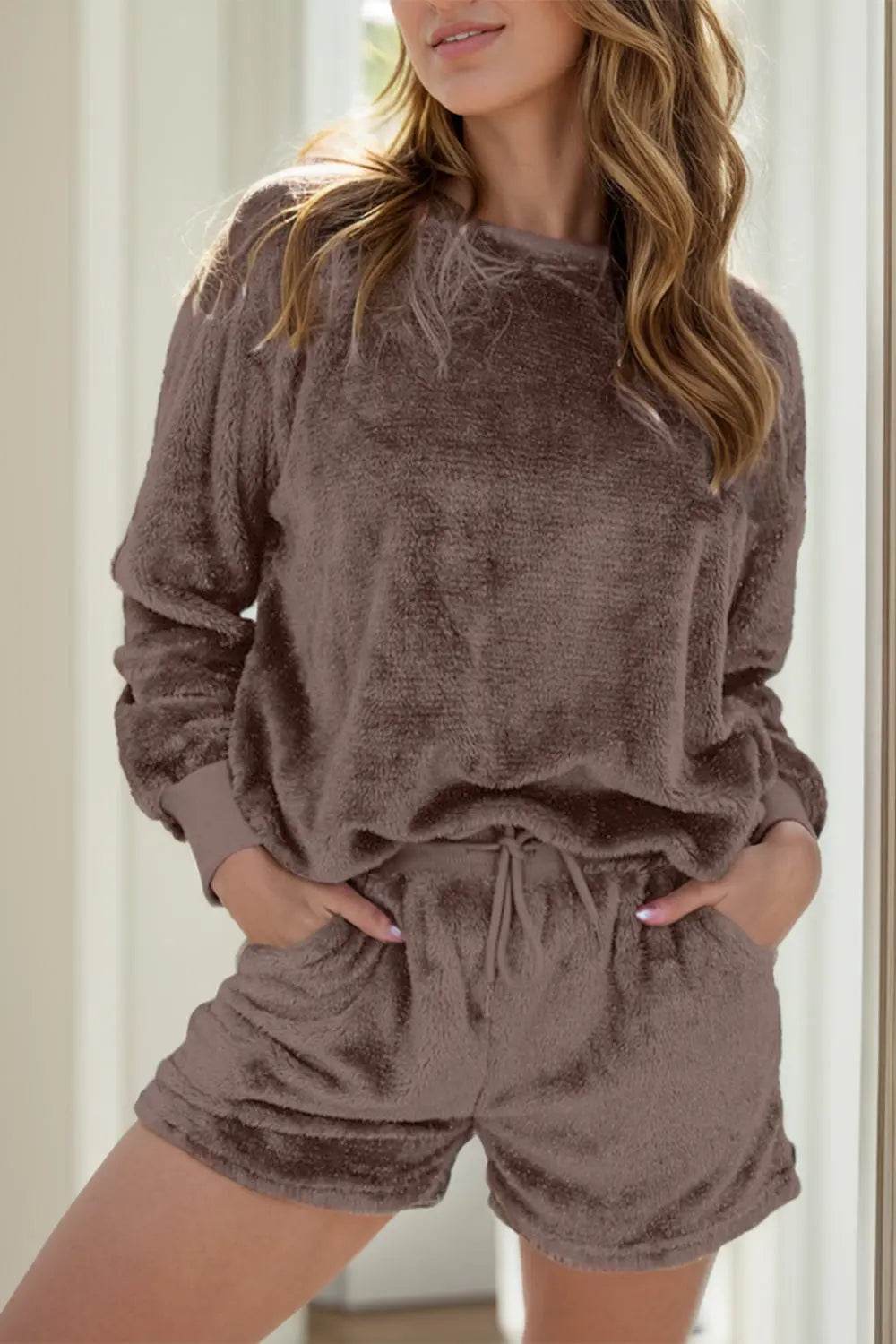 Round Neck Long Sleeve Top and Shorts Lounge Set - Velveta Studio