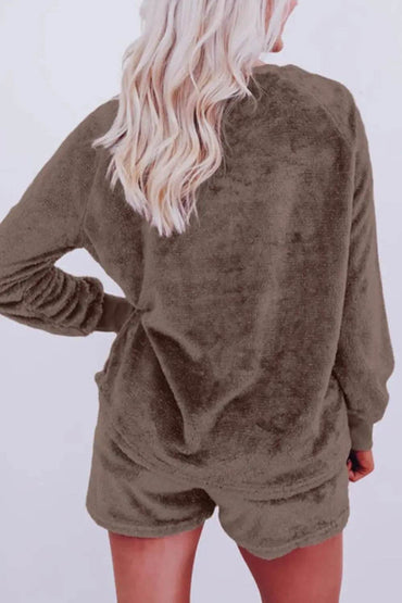 Round Neck Long Sleeve Top and Shorts Lounge Set - Velveta Studio