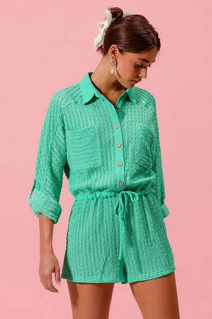 SO ME Textured Knit Button Front Romper - Velveta Studio