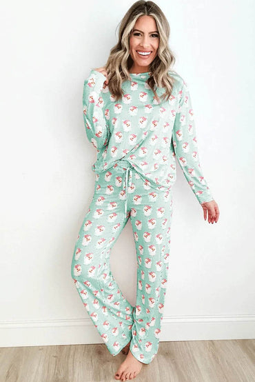 Santa Print Long Sleeve Top and Pants Lounge Set - Velveta Studio