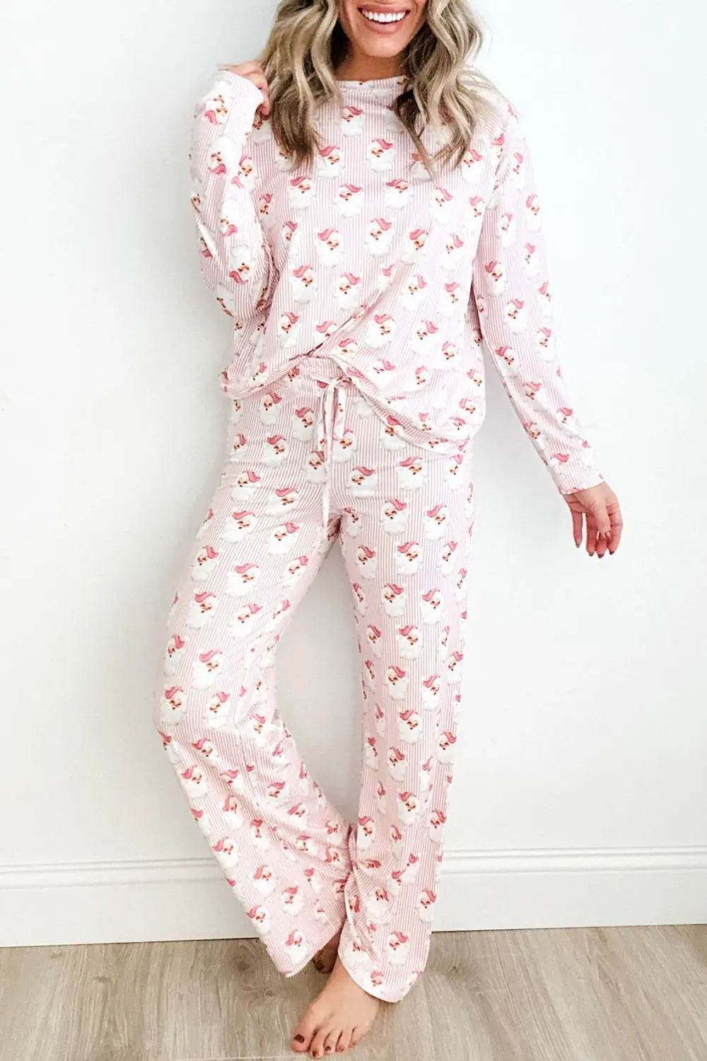 Santa Print Long Sleeve Top and Pants Lounge Set - Velveta Studio