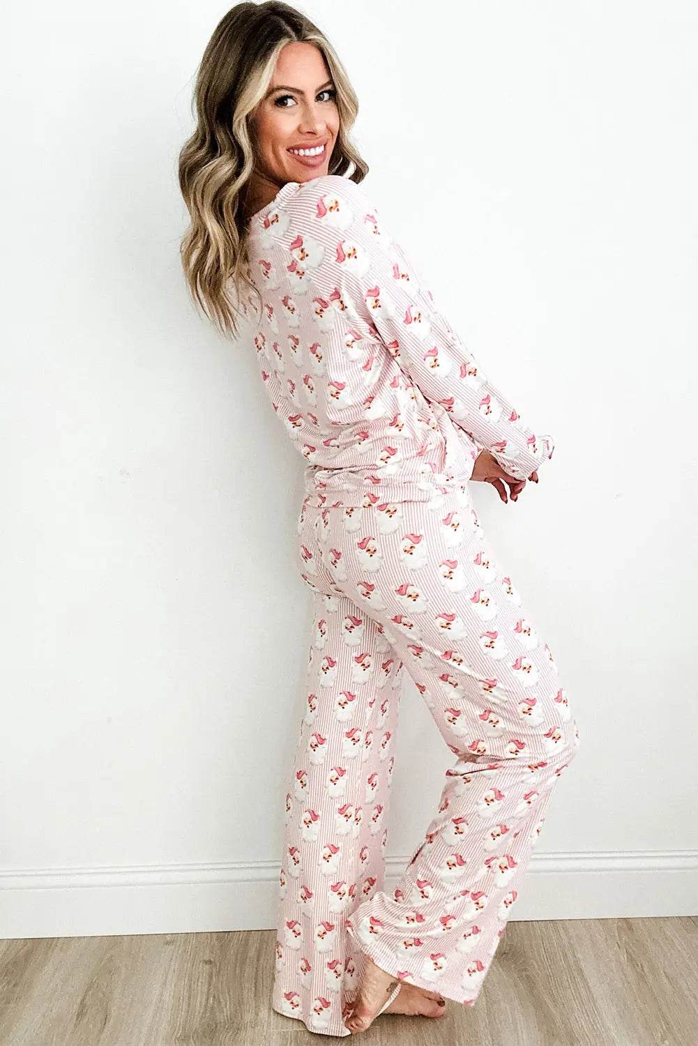 Santa Print Long Sleeve Top and Pants Lounge Set - Velveta Studio