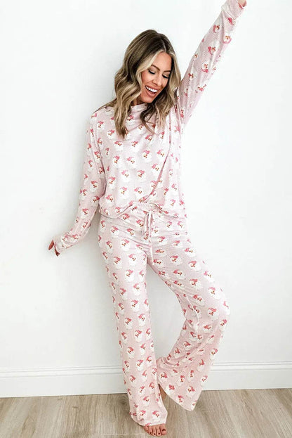 Santa Print Long Sleeve Top and Pants Lounge Set - Velveta Studio