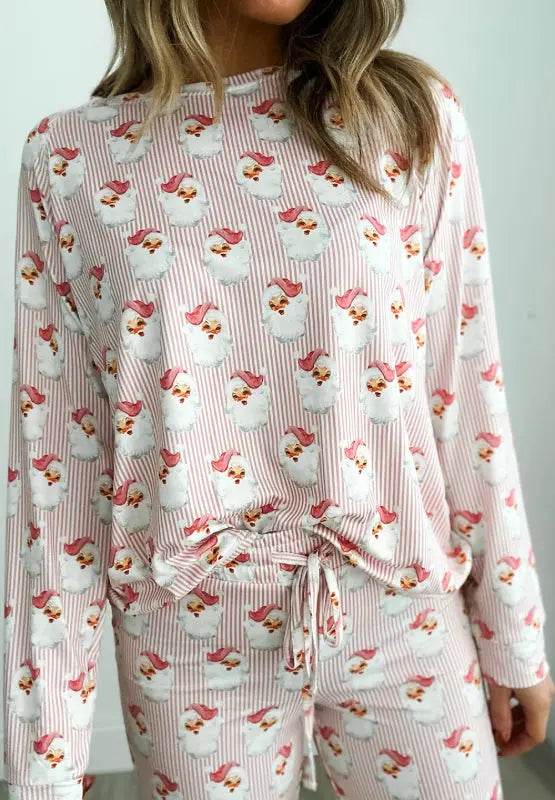 Santa Print Long Sleeve Top and Pants Lounge Set - Velveta Studio