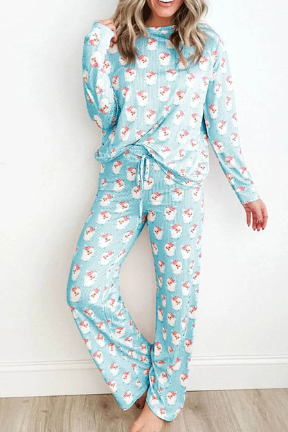 Santa Print Long Sleeve Top and Pants Lounge Set - Velveta Studio