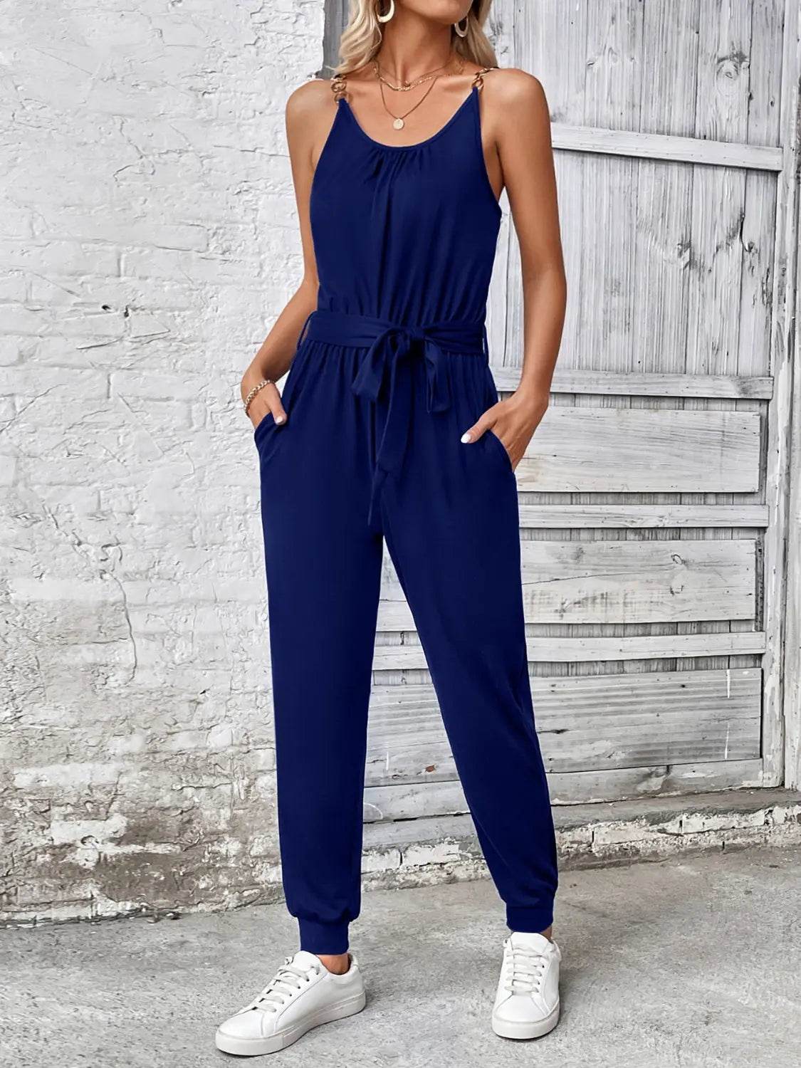 Scoop Neck Tie Waist Jumpsuit - Velveta Studio