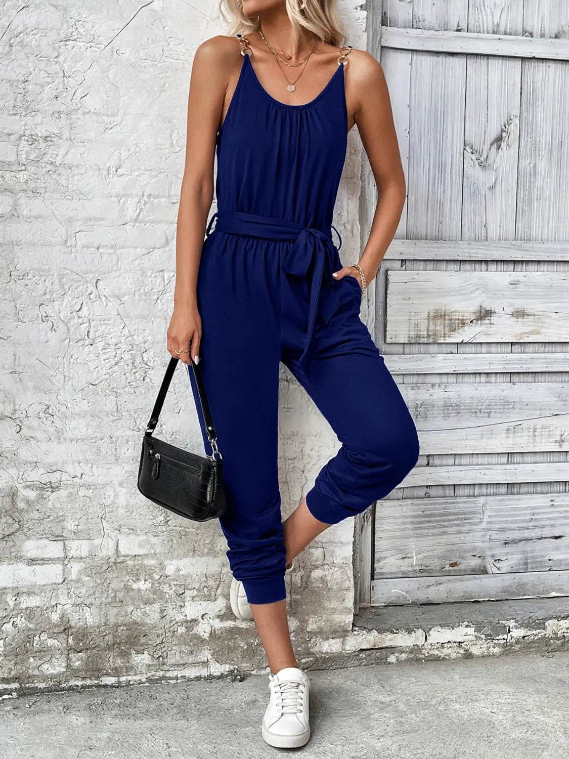 Scoop Neck Tie Waist Jumpsuit - Velveta Studio