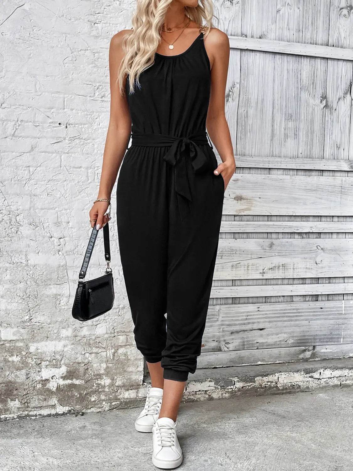 Scoop Neck Tie Waist Jumpsuit - Velveta Studio