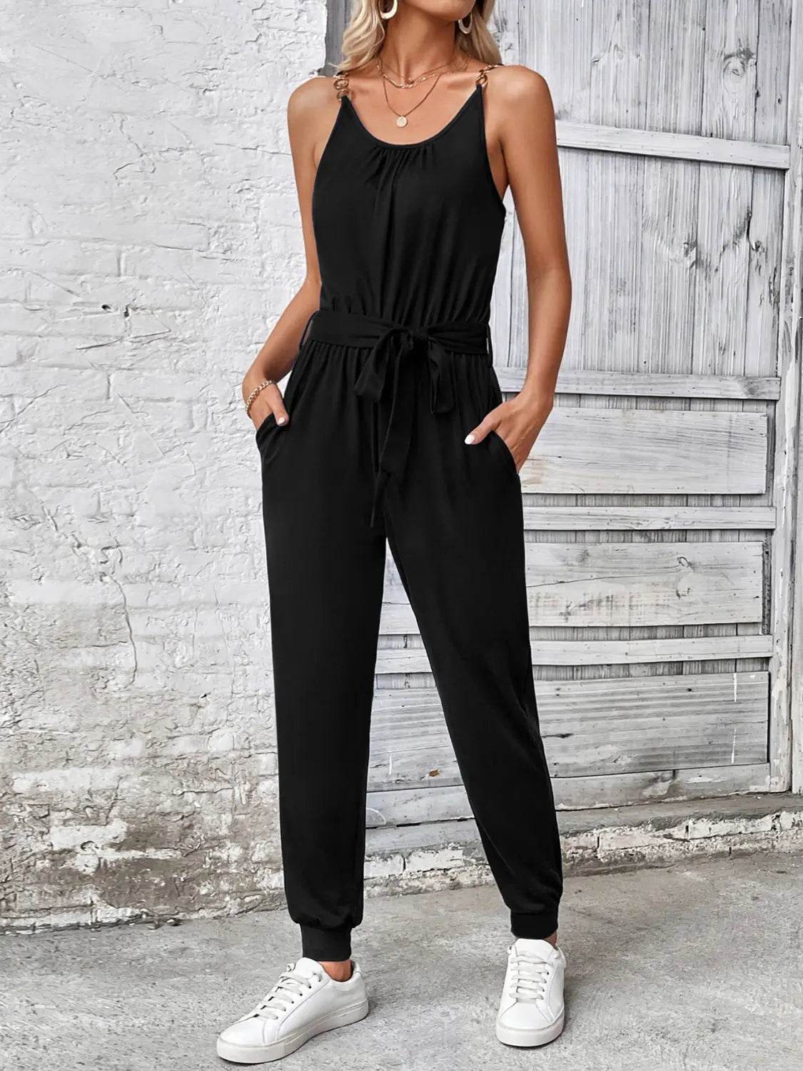Scoop Neck Tie Waist Jumpsuit - Velveta Studio