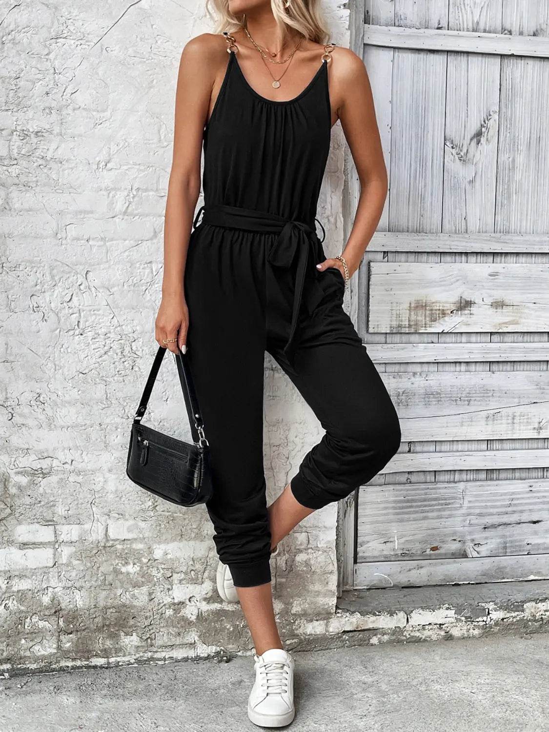 Scoop Neck Tie Waist Jumpsuit - Velveta Studio
