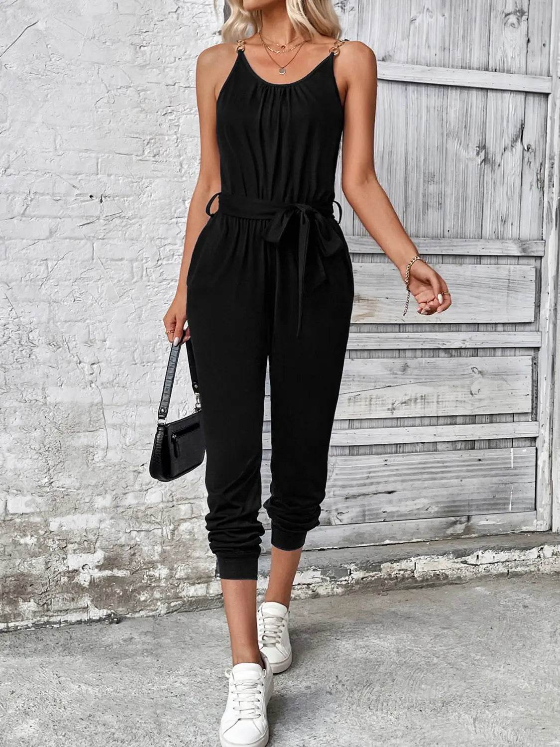 Scoop Neck Tie Waist Jumpsuit - Velveta Studio