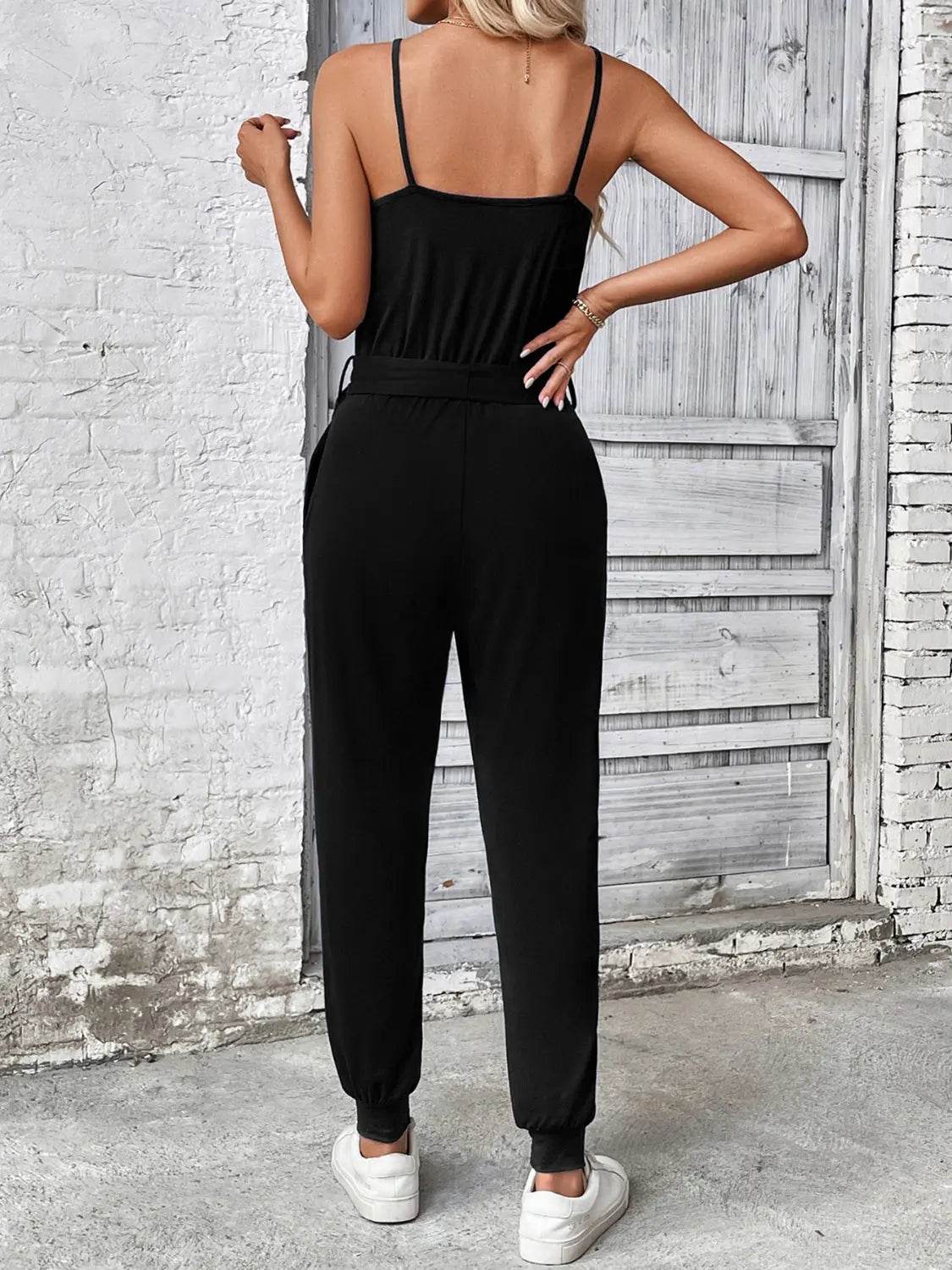 Scoop Neck Tie Waist Jumpsuit - Velveta Studio