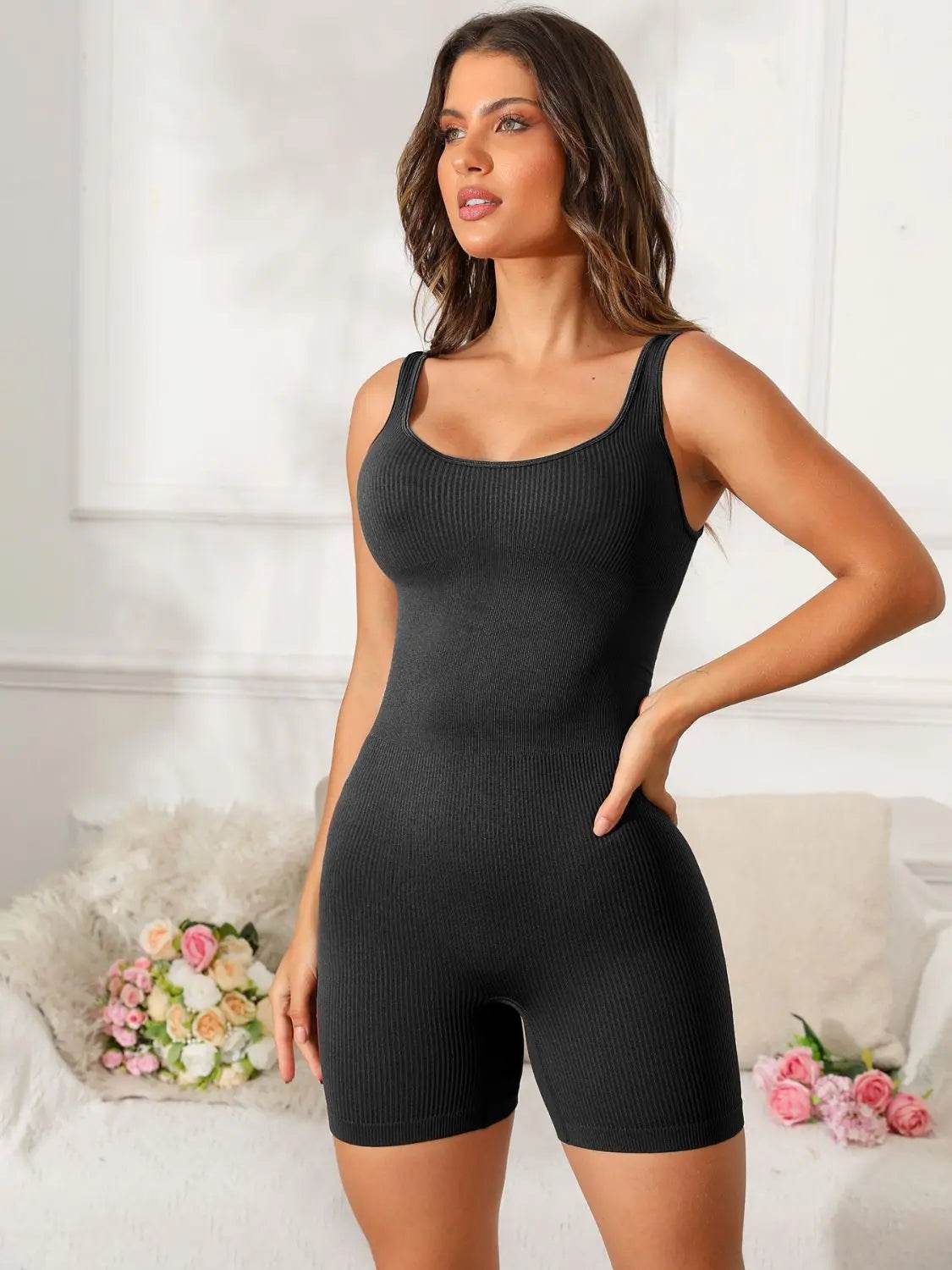 Scoop Neck Wide Strap Active Romper - Velveta Studio