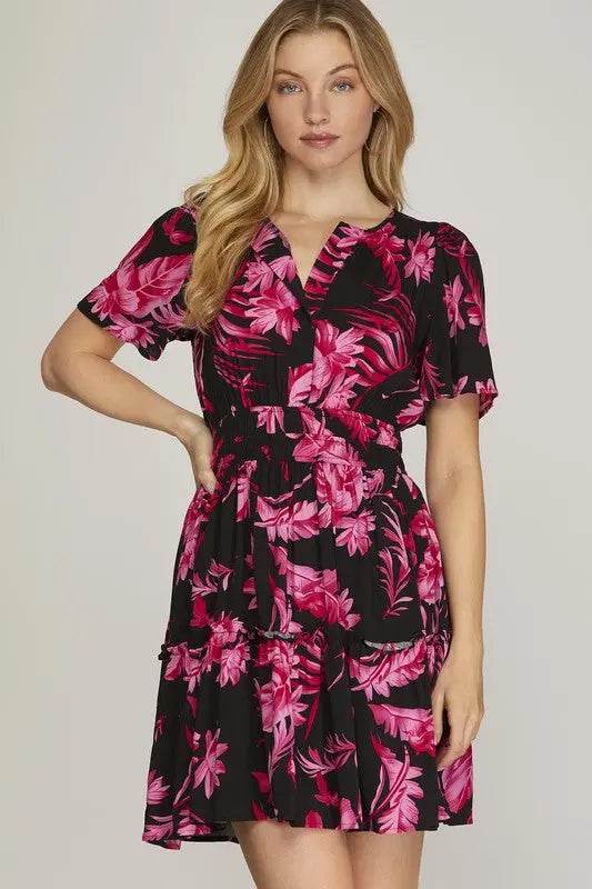 She + Sky Full Size Printed Notched Short Sleeve Frill Tiered Dress Plus Size - Velveta Studio