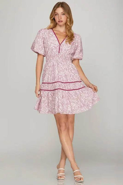 She + Sky Full Size Printed V-Neck Puff Sleeve Tiered Dress Plus Size - Velveta Studio