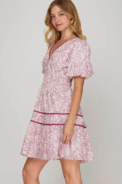 She + Sky Full Size Printed V-Neck Puff Sleeve Tiered Dress Plus Size - Velveta Studio