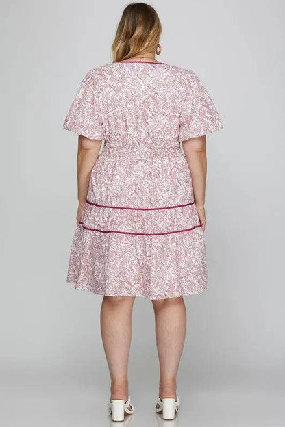 She + Sky Full Size Printed V-Neck Puff Sleeve Tiered Dress Plus Size - Velveta Studio