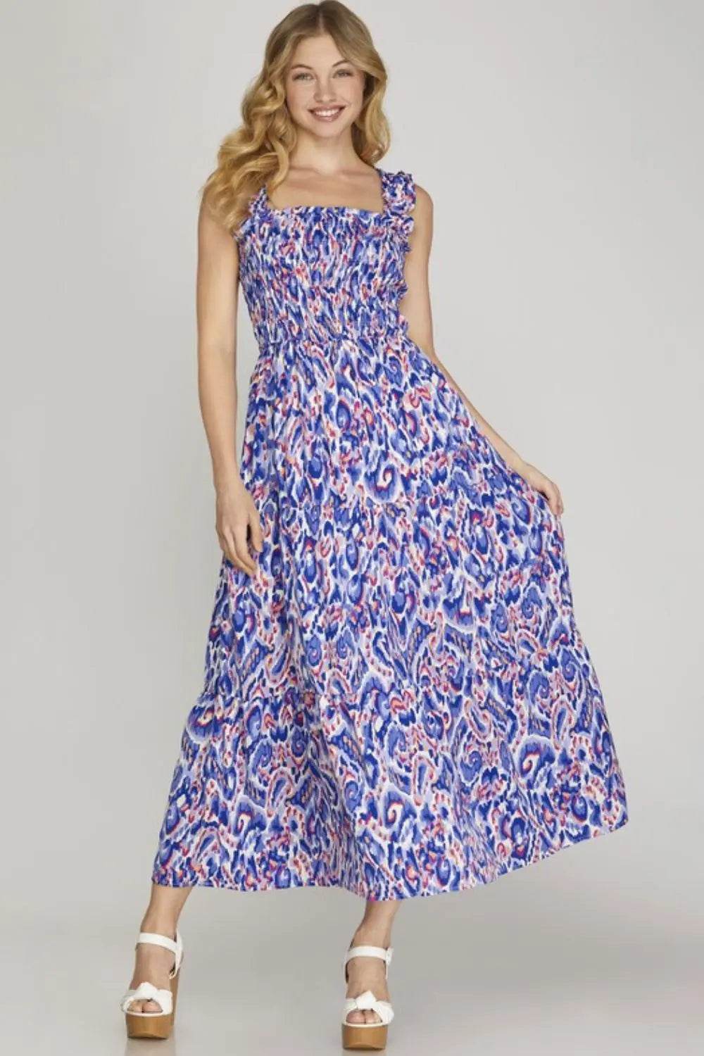 She + Sky Full Size Smocked Printed Wide Strap Tiered Dress Plus Size - Velveta Studio