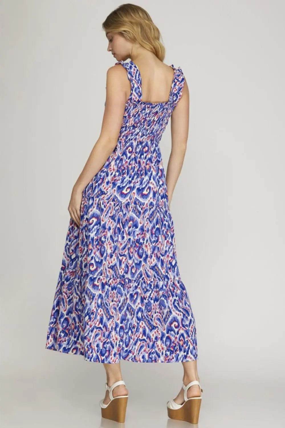 She + Sky Full Size Smocked Printed Wide Strap Tiered Dress Plus Size - Velveta Studio