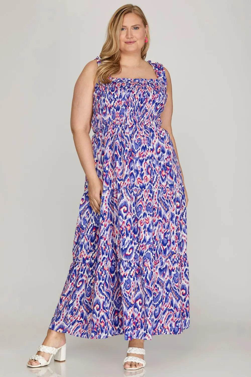 She + Sky Full Size Smocked Printed Wide Strap Tiered Dress Plus Size - Velveta Studio