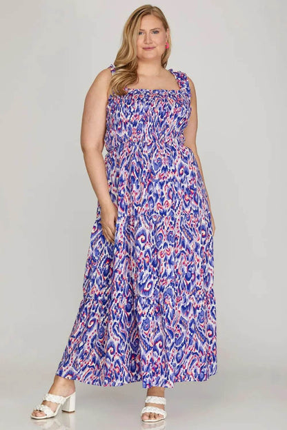 She + Sky Full Size Smocked Printed Wide Strap Tiered Dress Plus Size - Velveta Studio