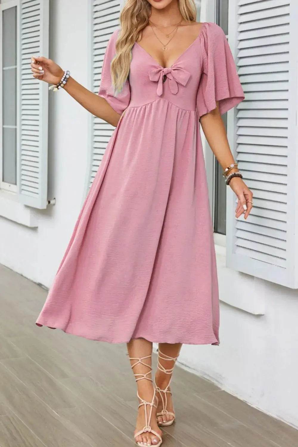 Smocked Tie Front Flutter Sleeve Midi Dress - Velveta Studio