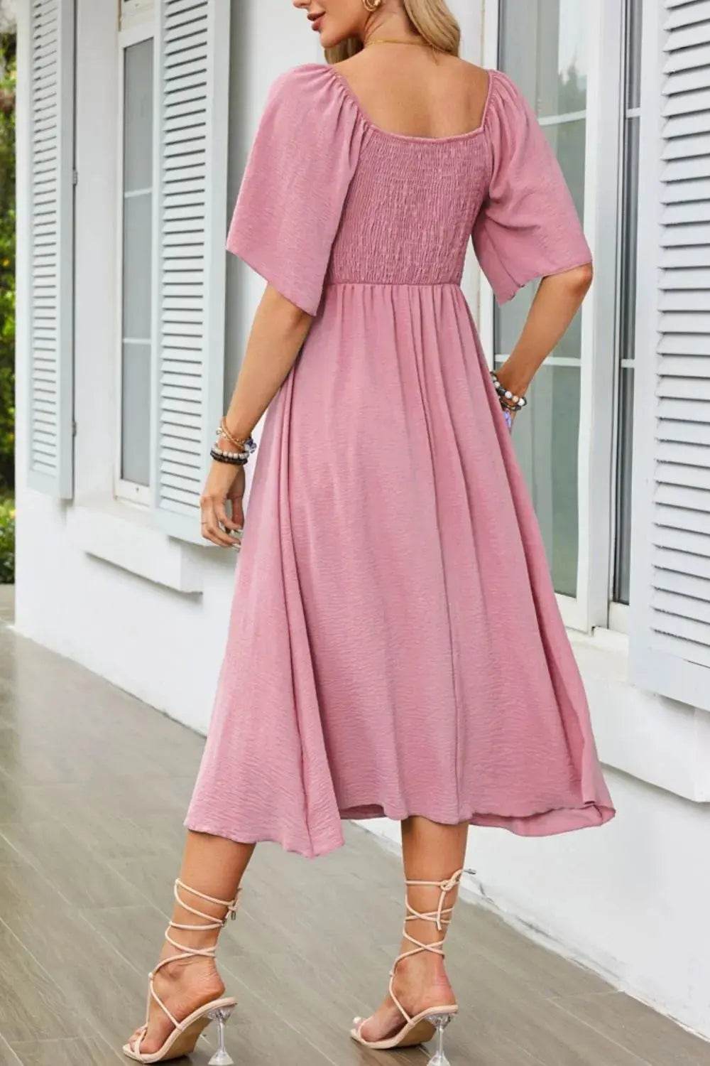 Smocked Tie Front Flutter Sleeve Midi Dress - Velveta Studio