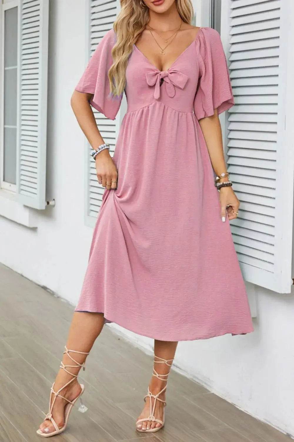 Smocked Tie Front Flutter Sleeve Midi Dress - Velveta Studio