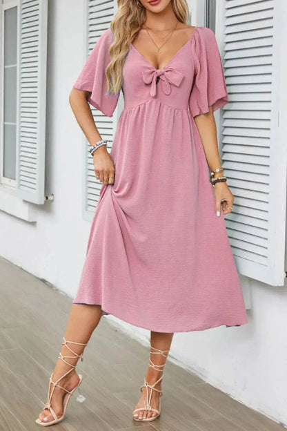 Smocked Tie Front Flutter Sleeve Midi Dress - Velveta Studio