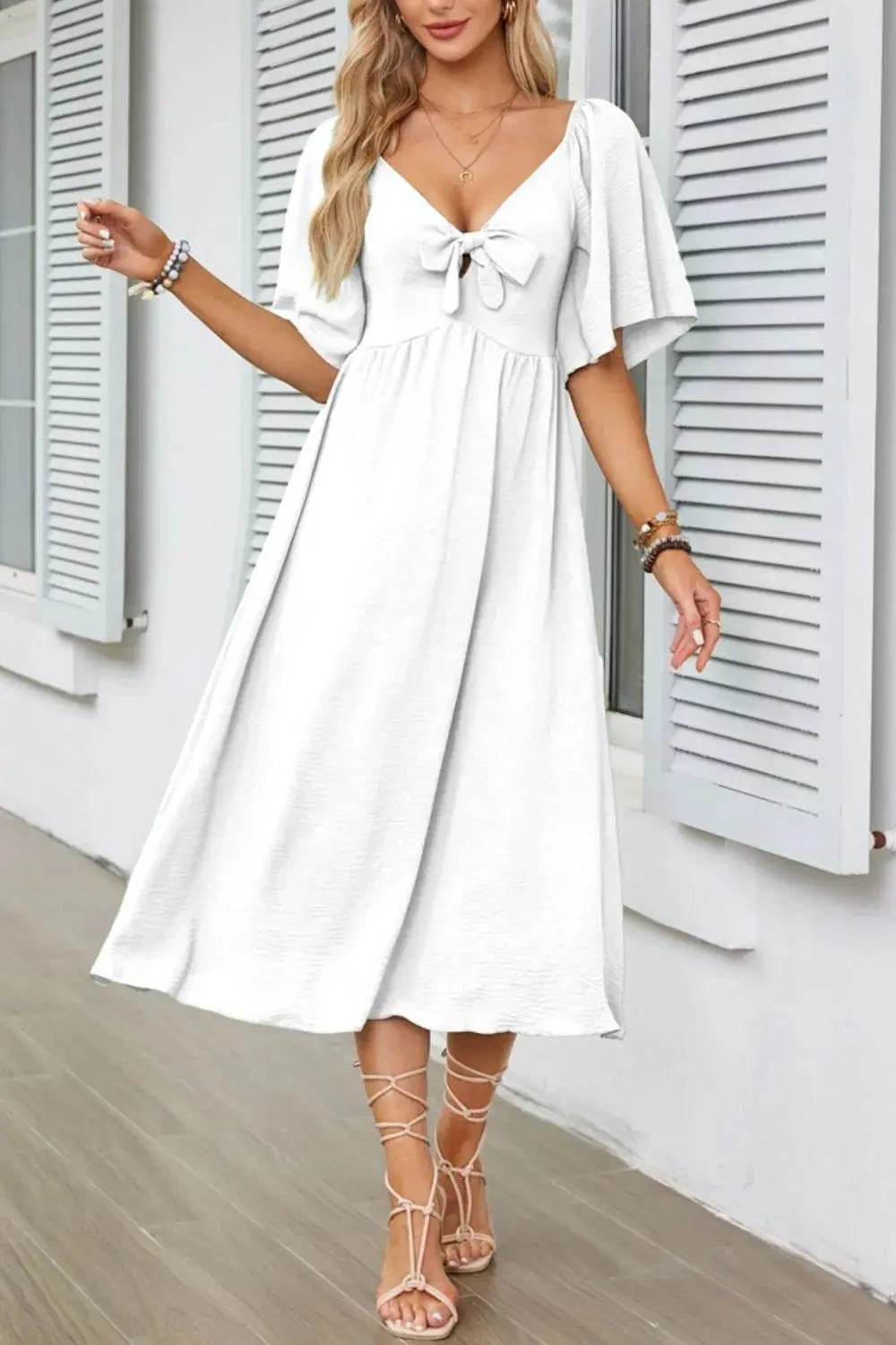 Smocked Tie Front Flutter Sleeve Midi Dress - Velveta Studio