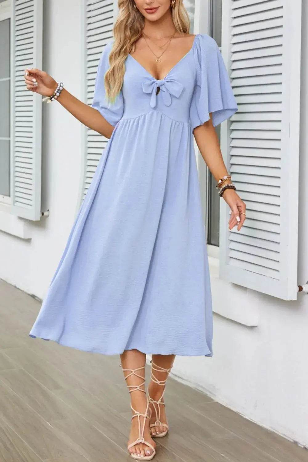 Smocked Tie Front Flutter Sleeve Midi Dress - Velveta Studio