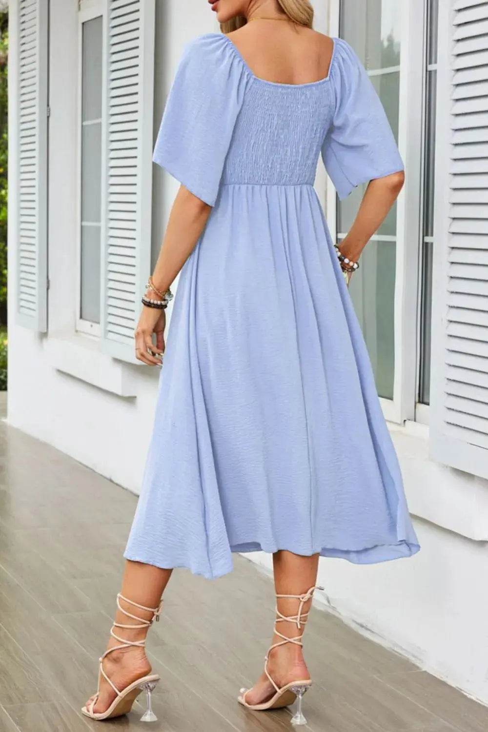 Smocked Tie Front Flutter Sleeve Midi Dress - Velveta Studio