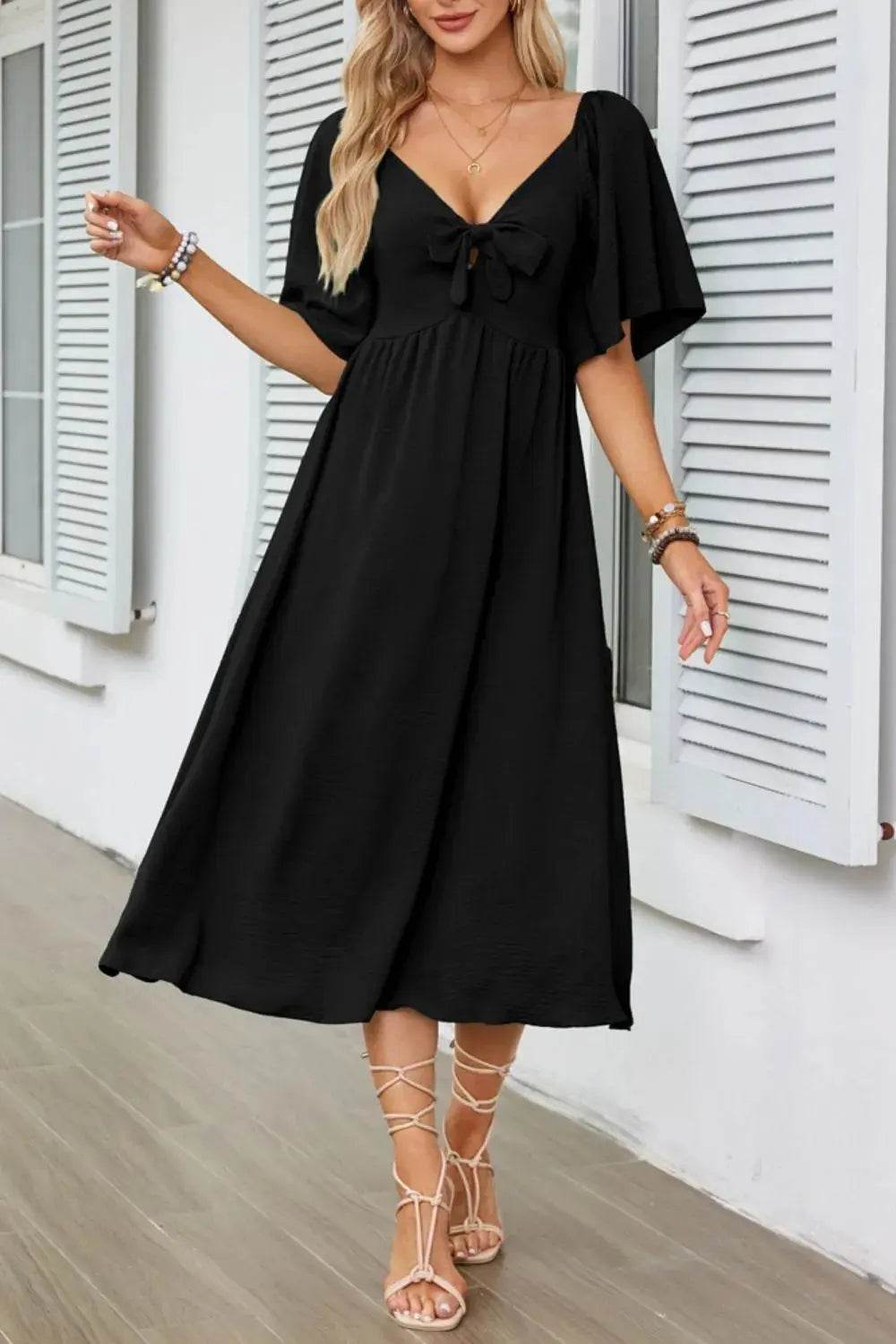 Smocked Tie Front Flutter Sleeve Midi Dress - Velveta Studio