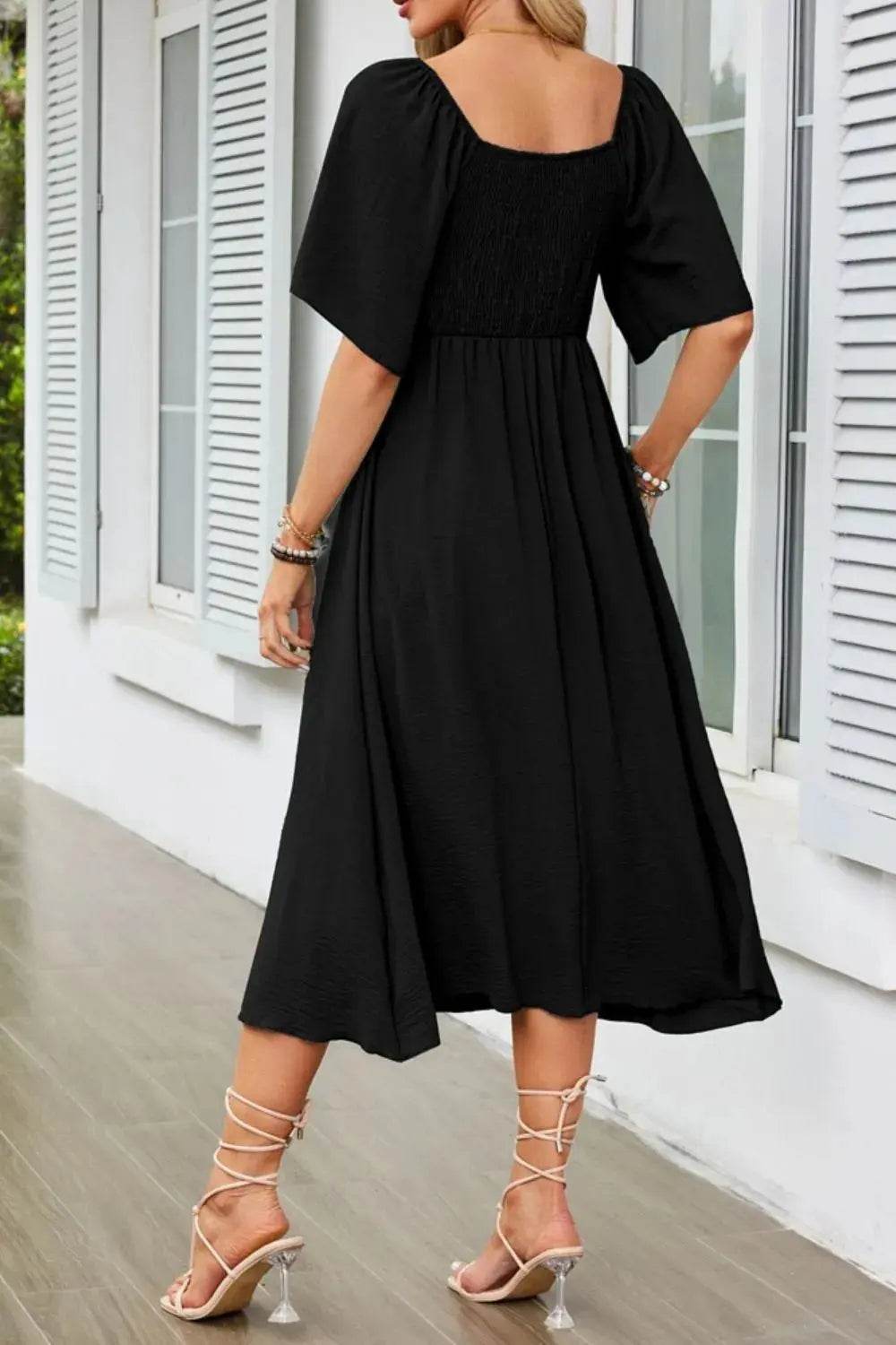 Smocked Tie Front Flutter Sleeve Midi Dress - Velveta Studio