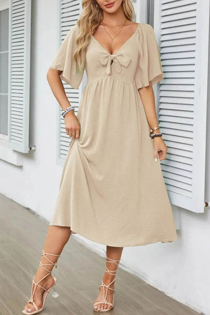 Smocked Tie Front Flutter Sleeve Midi Dress - Velveta Studio