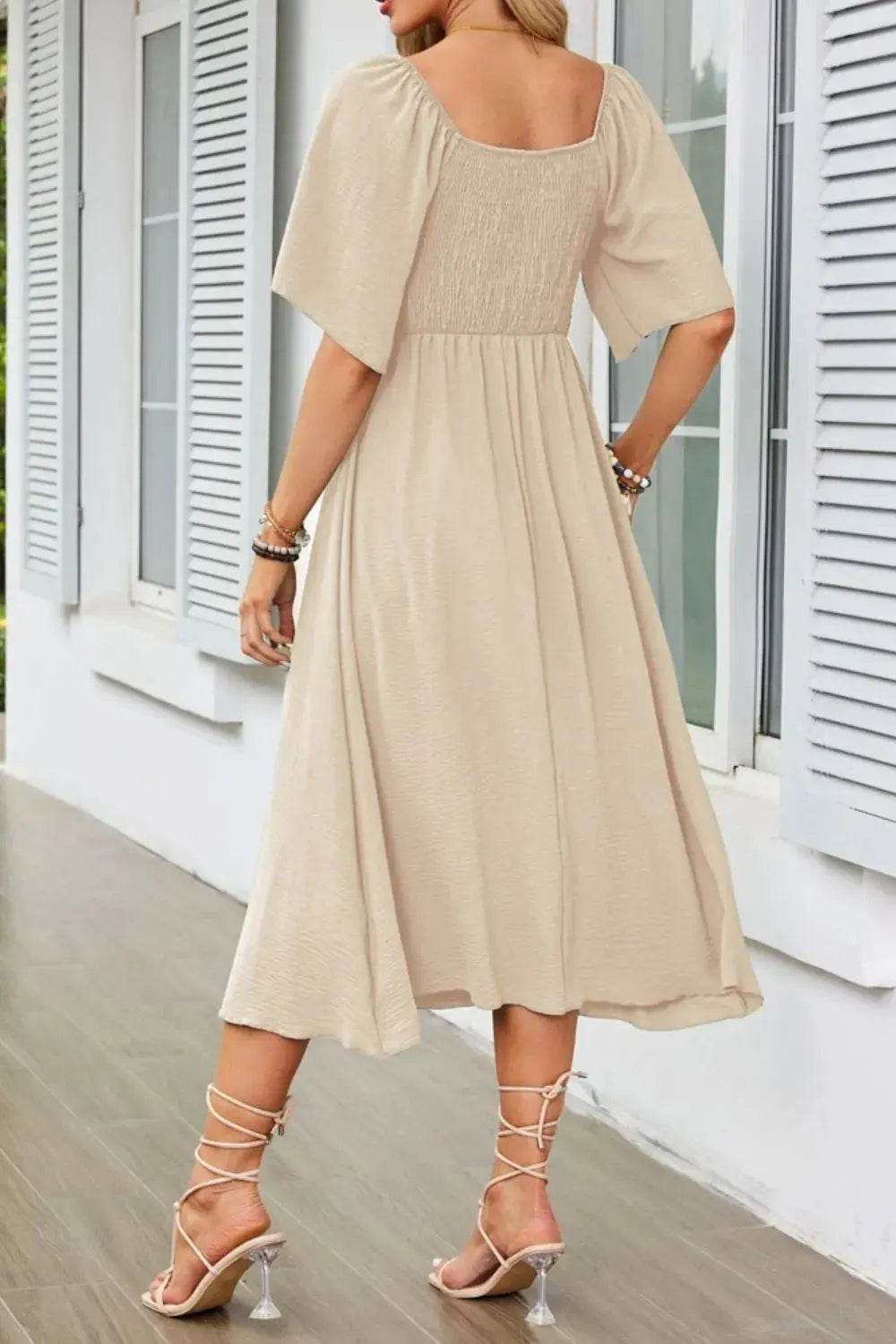 Smocked Tie Front Flutter Sleeve Midi Dress - Velveta Studio