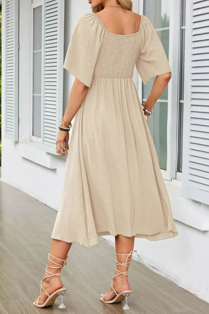 Smocked Tie Front Flutter Sleeve Midi Dress - Velveta Studio