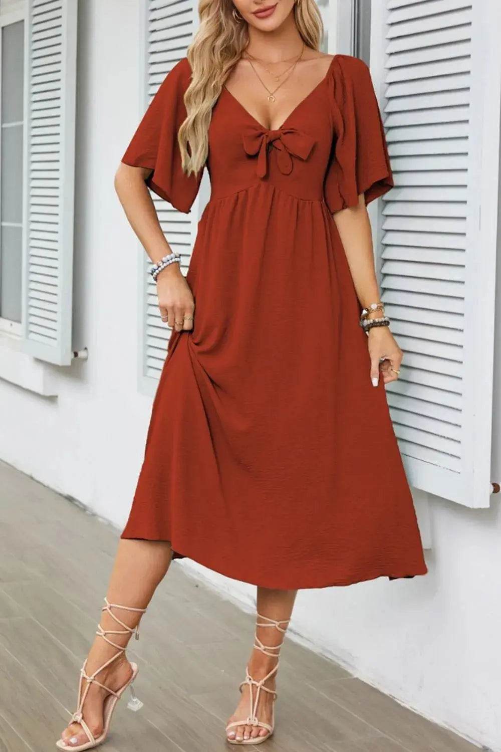 Smocked Tie Front Flutter Sleeve Midi Dress - Velveta Studio