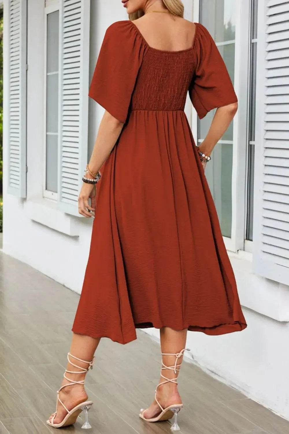 Smocked Tie Front Flutter Sleeve Midi Dress - Velveta Studio