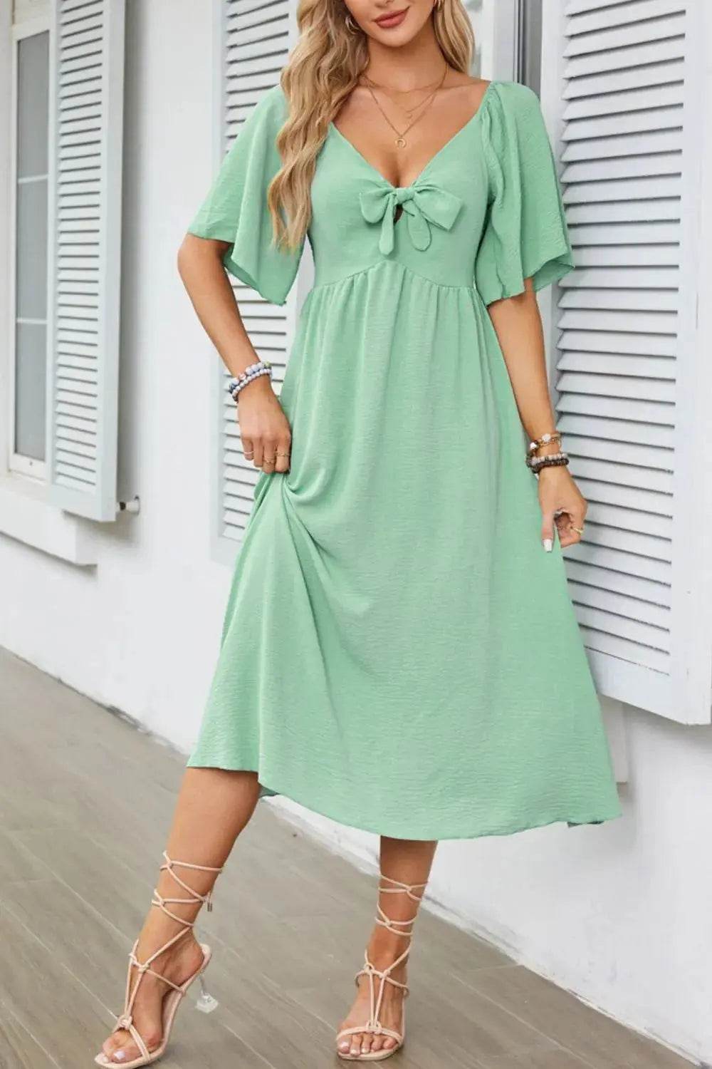 Smocked Tie Front Flutter Sleeve Midi Dress - Velveta Studio