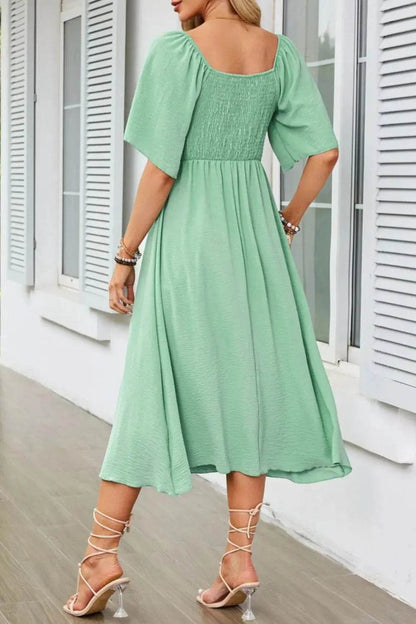Smocked Tie Front Flutter Sleeve Midi Dress - Velveta Studio
