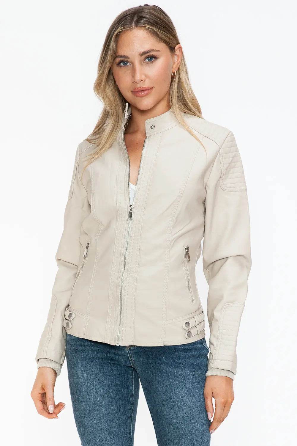 Snobbish Faux Leather Biker Jacket with Side Zip Pockets - Velveta Studio